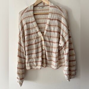 American Eagle White Brown Striped Balloon Sleeve Cardigan Sweater